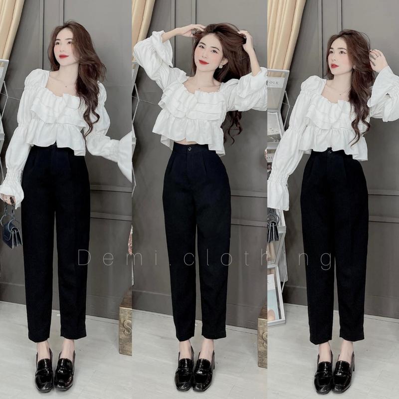 Quần tây baggy nữ cạp cao màu xanh đi làm công sở Quần vải nữ màu xanh đen chất vải tuyết mưa đen mặc đi làm Pants