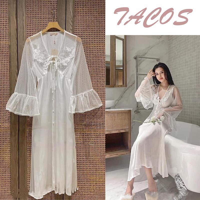HT955 Váy ngủ sexy lụa dáng dài tay loe đồ mặc ở nhà đồ ngủ 2 dây đầm ngủ đẹp hàng cao cấp Nữ Dress