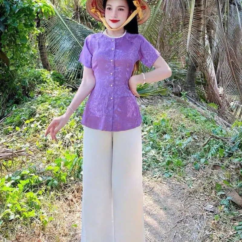 Bộ Quần Áo Bà Ba Gấm Tay Ngắn Cổ Tròn Có Túi Áo Women Top Thun áobà 3