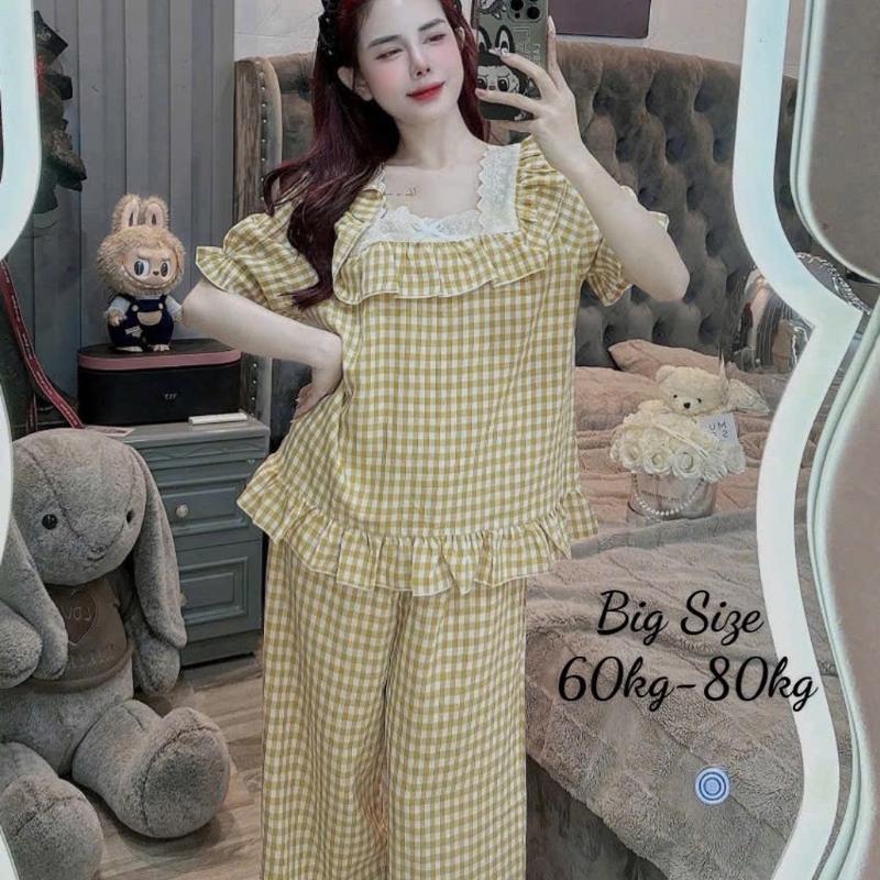 Bigsize 50/75 kg đũi sọc caro tiểu thư cổ vuông viền ren mặc nhà thoáng mát Women Nữ 4