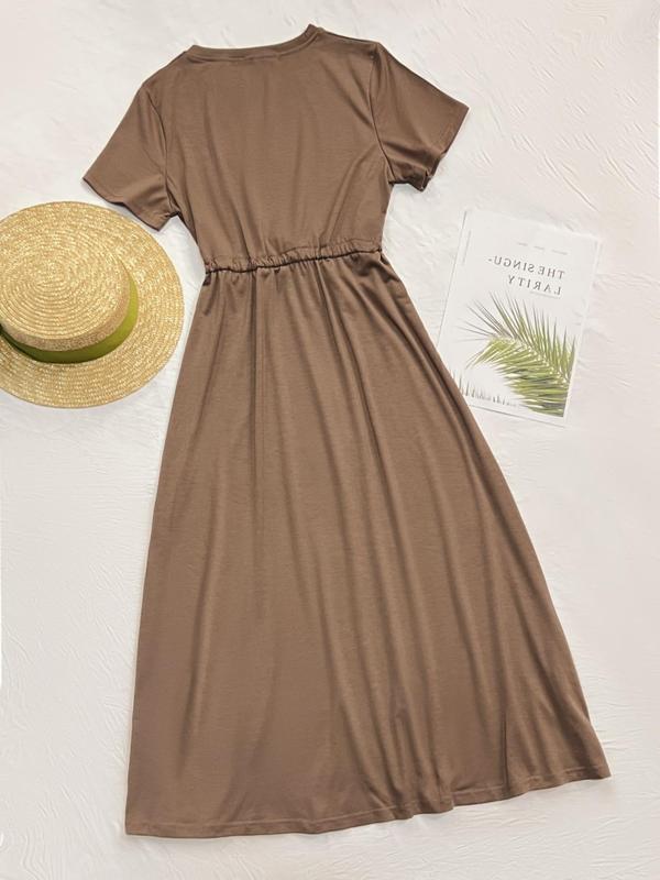 Women's Plain Drawstring Waist Tie Front Tee Dress, Casual Short Sleeve Round Neck A Line Long Dress for Summer, Ladies Clothes for Daily Wear 1