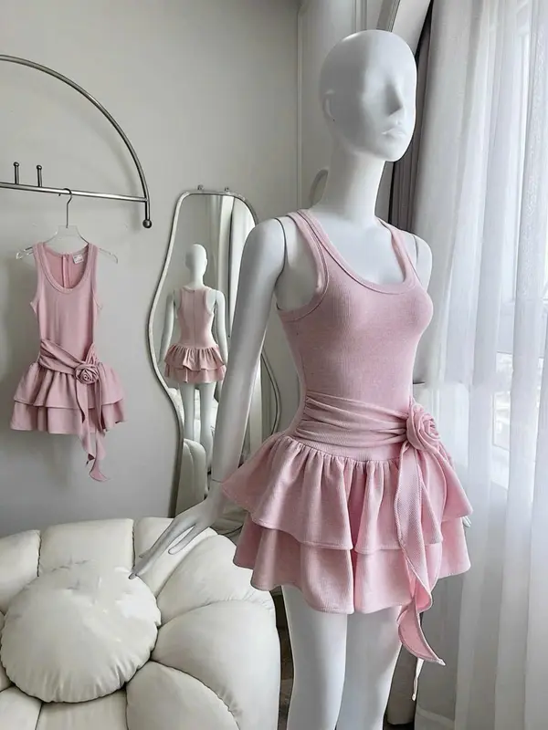 Váy hồng tầng xoè có nơ Trang trí ở eo- chất liệu lên tăm 1