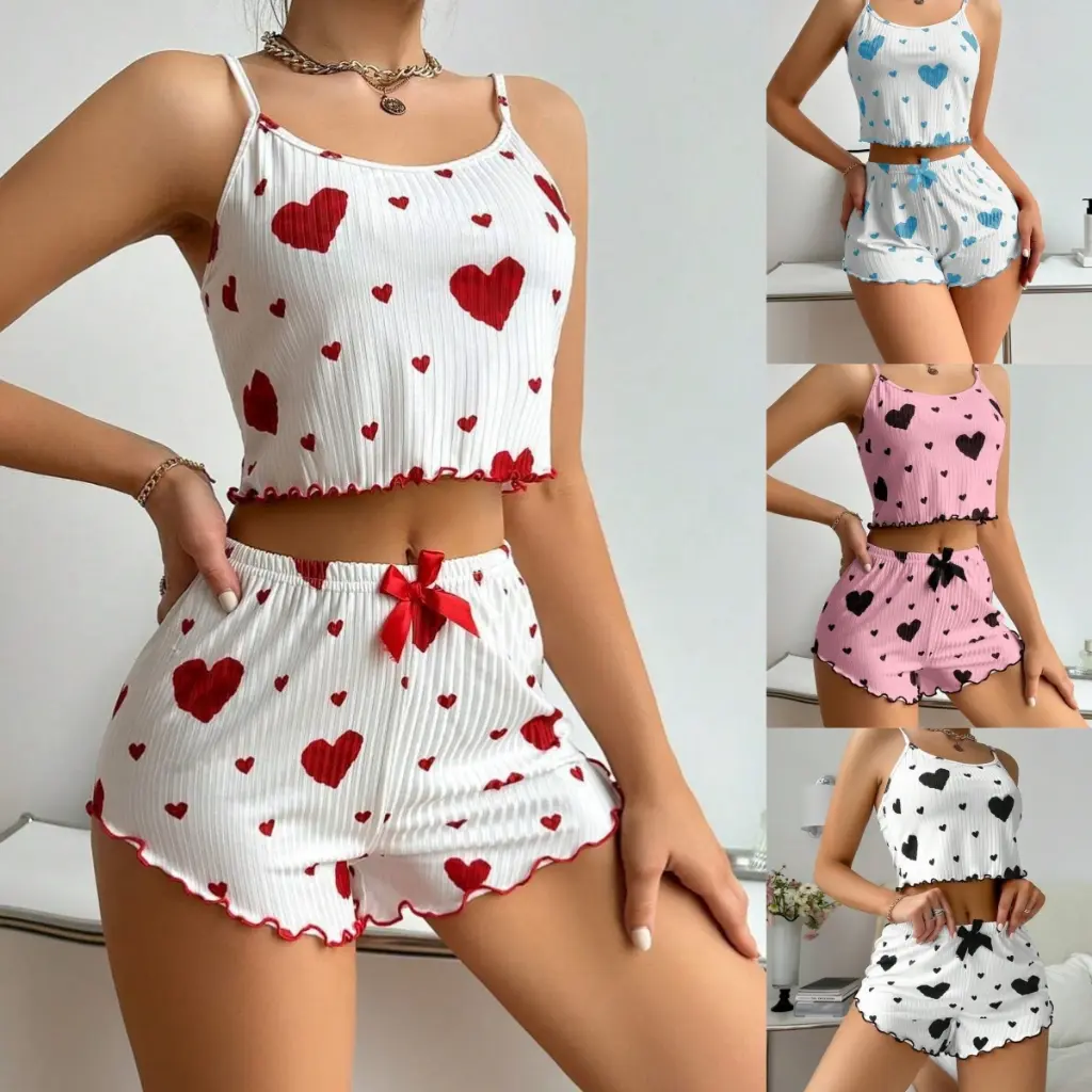 STAY YOUNG #C081 Women's Pajamas Set Heart Print Cami Top & Shorts Pajama Set White Set pjs