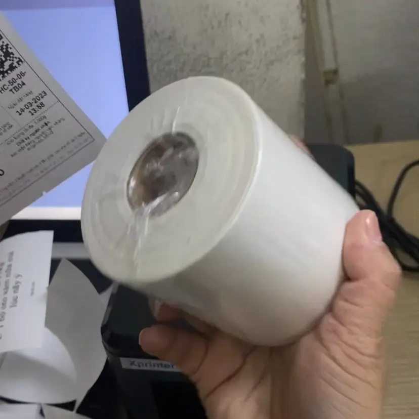 Giấy In Bill Có keo dán k80, giấy in nhiệt có keo dán 75mm, giấy in vận đơn TMĐT cho máy in bill