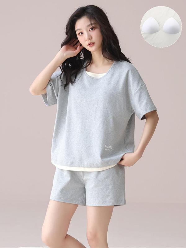 Women's 2 IN 1 Top & Shorts Pyjama Two-piece Set, Casual Comfy Round Neck Short Sleeve T-shirt & Shorts PJ Set, Ladies Sleepwear for Summer, Loungewear 0