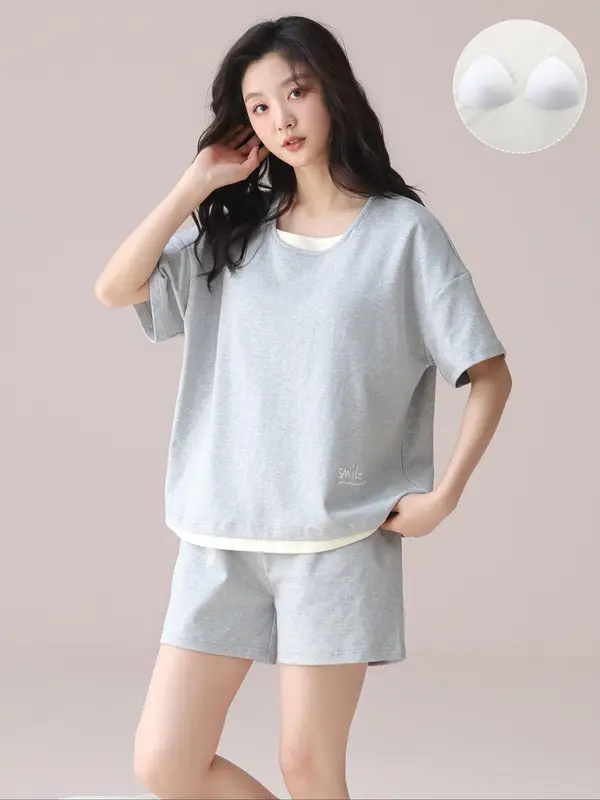 Women's 2 IN 1 Top & Shorts Pyjama Two-piece Set, Casual Comfy Round Neck Short Sleeve T-shirt & Shorts PJ Set, Ladies Sleepwear for Summer, Loungewear 0