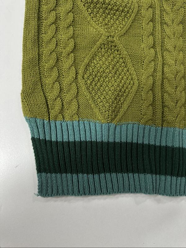 Women's Contrast Binding Split Hem Cable Knit Sweater Vest, Casual V Neck Sleeveless Jumper Vest for Fall & Winter, Fashion Ladies' Knitwear for Daily Wear 4