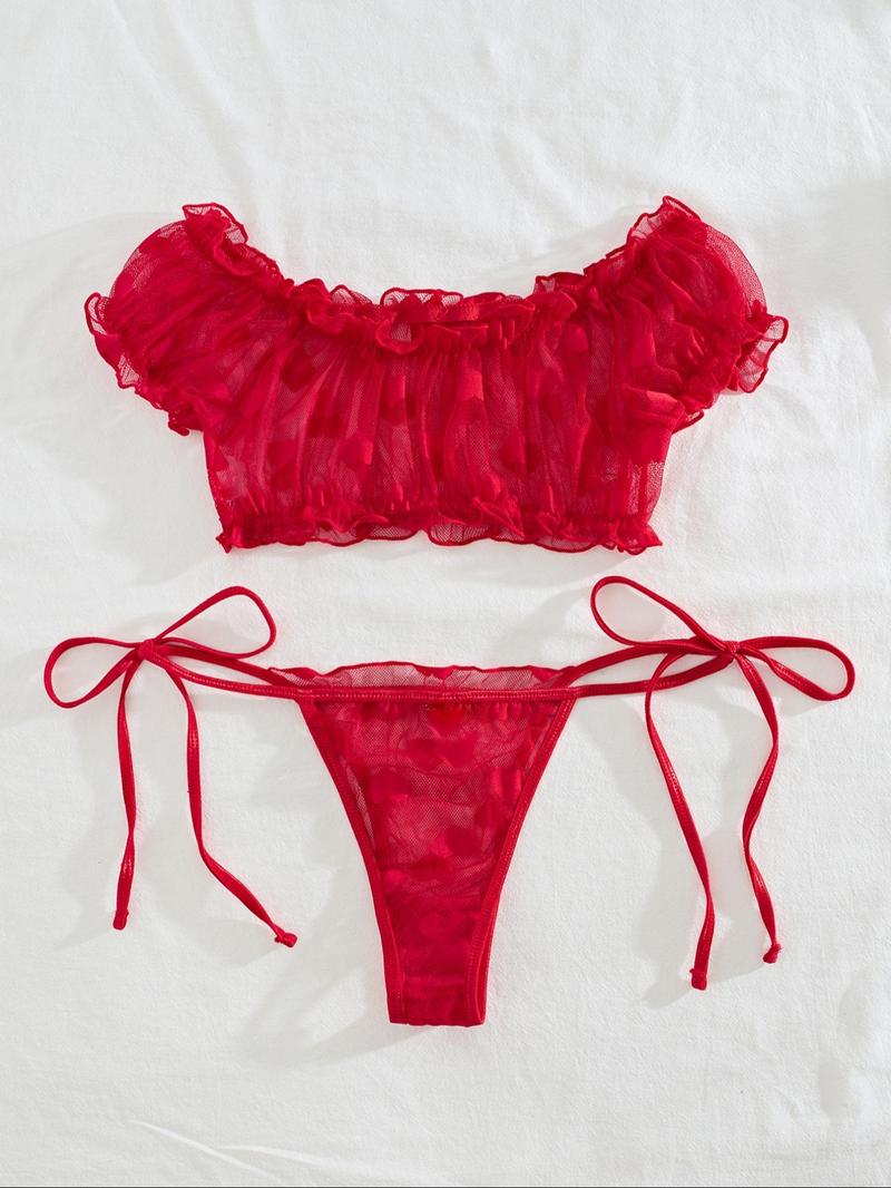 Product Introduction of Women's Heart Print Contrast Mesh Ruffle Trim Top & Thong Set, Sexy Swim Top & Cheeky Bottoms Set, Lingerie Set for Women 1