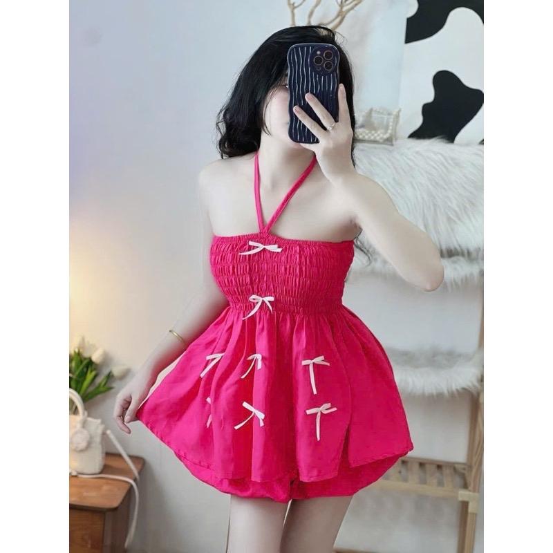 Set áo yếm nhún xoè đính nơ quần short bí Nữ Women Top 0