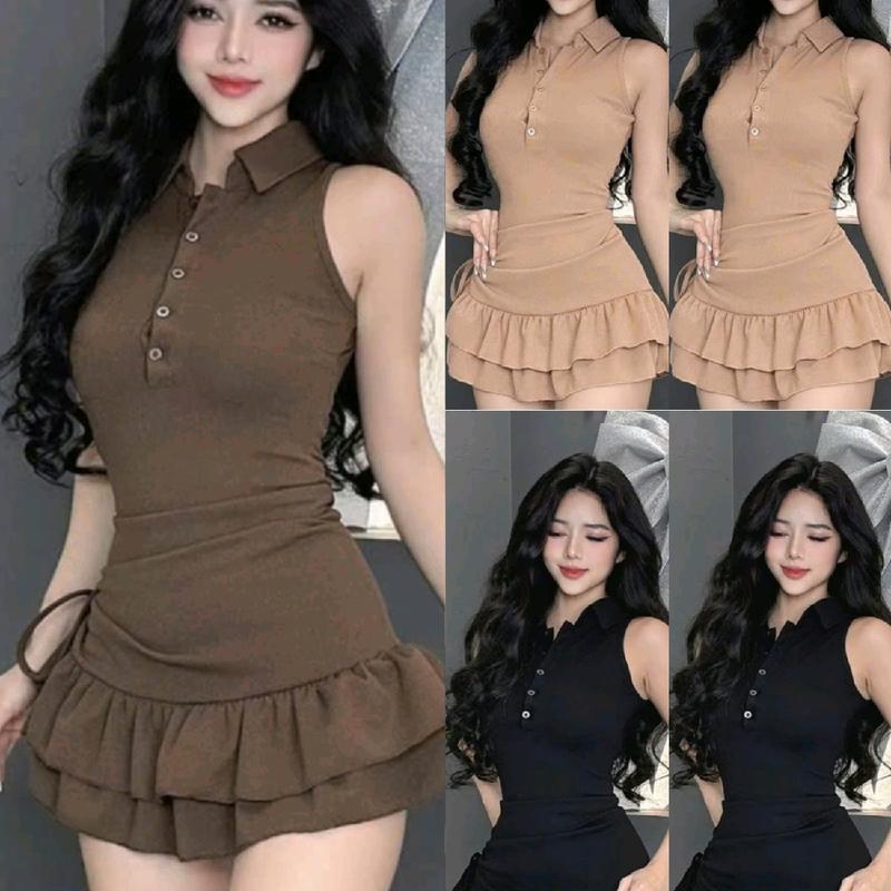 Đầm Sát Nách Cổ Trụ Gài Nút - Ngắn Viền Bèo 2 Tầng Rút Dây 1 Bên Eo Ôm Body - đầm ôm body váy dự tiệc váy xinh đầm nữ Women Dress đi