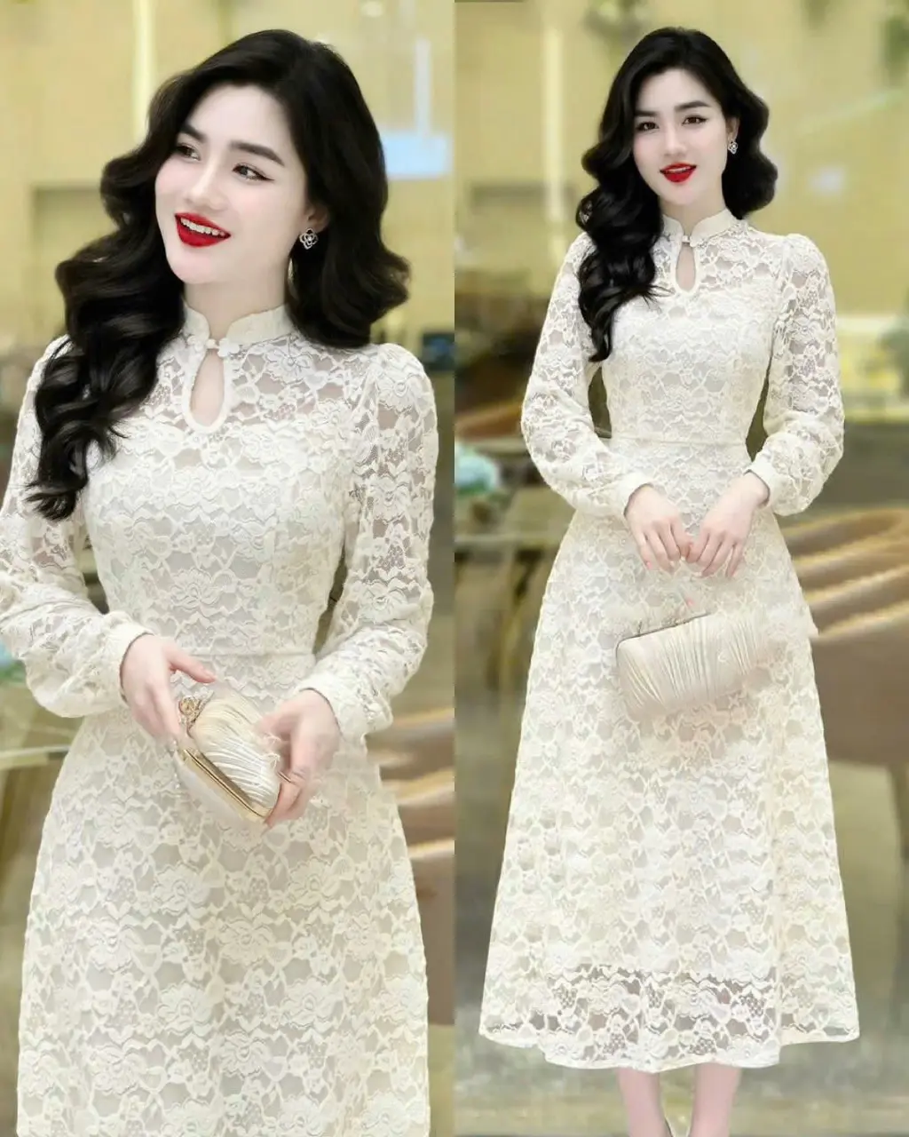 ĐẦM REN TAY DÀI CỔ TIỀU SIÊU DỂ THƯƠNG DÀNH CHO CÁC NÀNG ĐI CHƠI ĐI DU LỊCH Nữ Women Kem