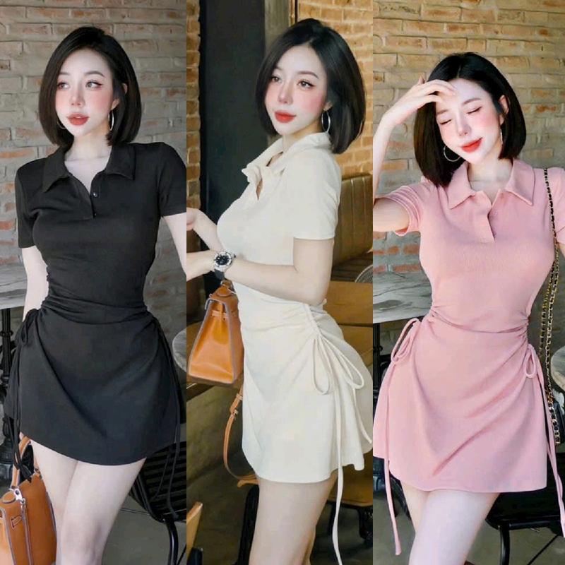 Đầm Tay Ngắn Cổ Trụ V - Xòe Ngắn Rút Dây 2 Bên Eo Ôm Body