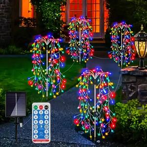 Solar Powered LED Fireworks Light, Waterproof Solar Firecracker Willow Fireworks Lights with Remote Control, Outdoor Decorative Light for Garden