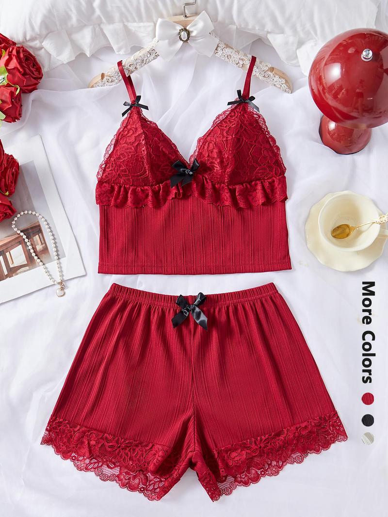 Product Introduction of Women's Plain Bow Decor Crop Cami Top & Lace Trim Shorts Pyjama Set, Casual Comfy Spaghetti Strap Camisole & Elastic Waist Shorts PJ Set, Ladies Sleepwear for All Seasons 7