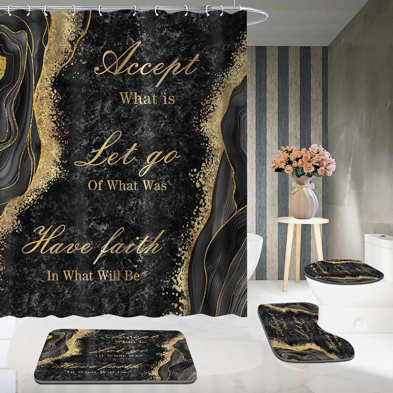 Marble Pattern Bathroom Accessories, 1 Set Including Shower Curtain with 12 Hooks, Non Slip Bath Mat, U Shaped Rug, Toilet Lid Cover, Bathroom Decor Supplies 3
