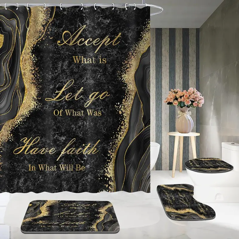 Marble Pattern Bathroom Accessories, 1 Set Including Shower Curtain with 12 Hooks, Non Slip Bath Mat, U Shaped Rug, Toilet Lid Cover, Bathroom Decor Supplies 3