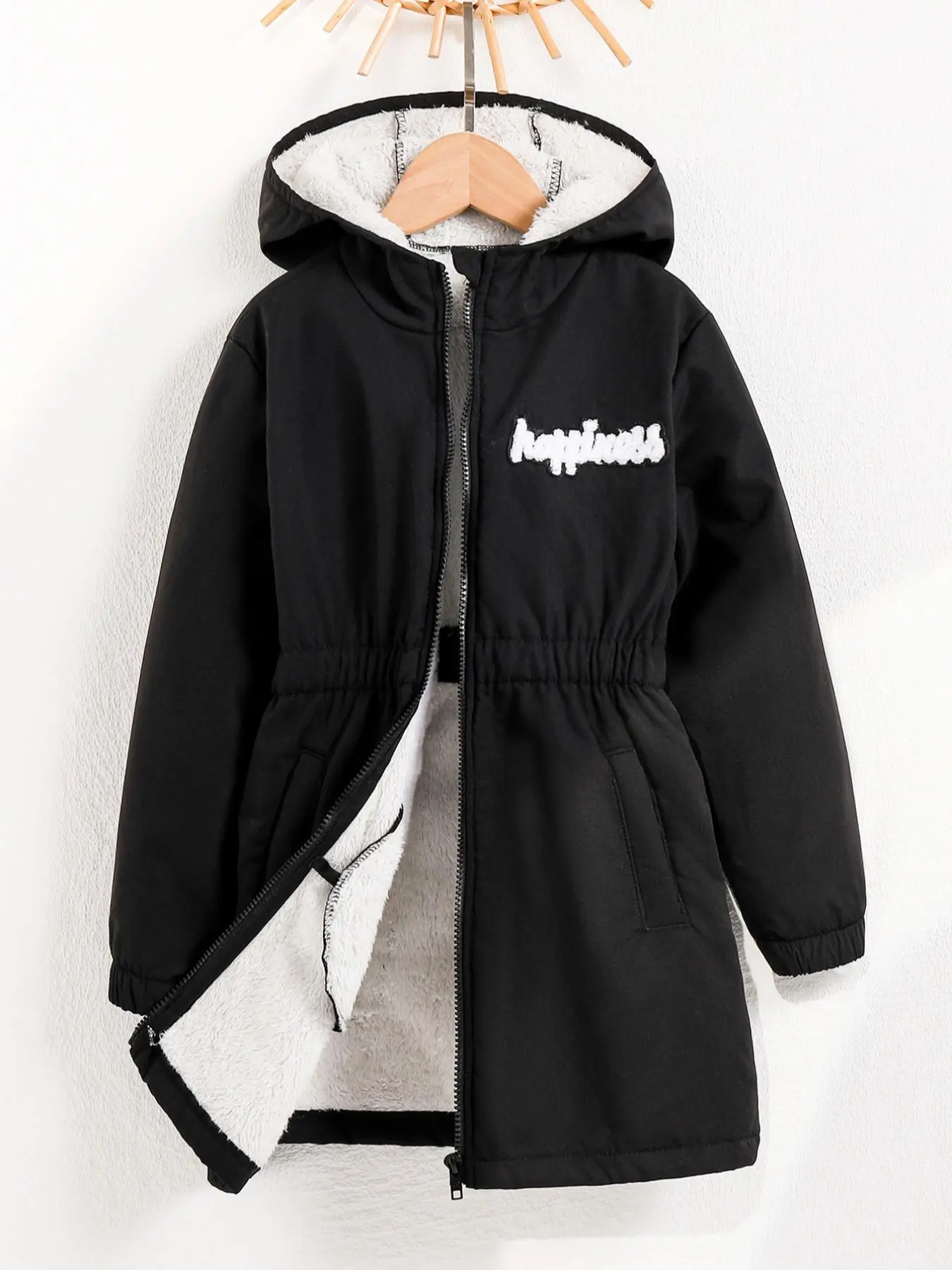Girl's Letter Embroidery  Zip Up Hooded Thermal Lined Coat, Casual Long Sleeve Pocket Outerwear for Fall & Winter, Kids Clothes for Daily Wear