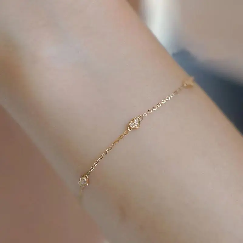 New Japanese Style S925 Sterling Silver Heart-Shaped Bracelet Plated 14K Gilded 3 Small Love Cold Style Simple Live Supply