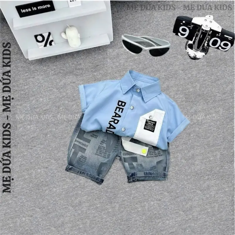 [2 Bộ TẶNG MŨ 45K] Bộ sơ mi BEAR cho bé 8-26kg áo sơ mi chất thô lụa kèm quần jean mềm cho bé đi học đi chơi Quần Bò 6