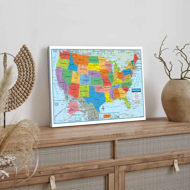 Wooden Framed Canvas Map Of The United States Poster, Modern Art Decoration, Pattern Wall Art Decor, Frame Painting for Living Room, Bedroom, Office, Restaurant Wall Decor 2