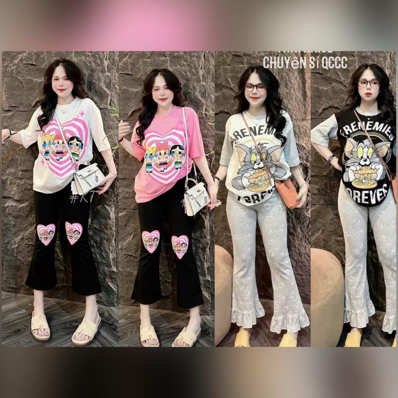 Set Bộ Loe Áo Thun Cotton Phối Quần Thun Leeggin Ống Loe in Hình Nữ