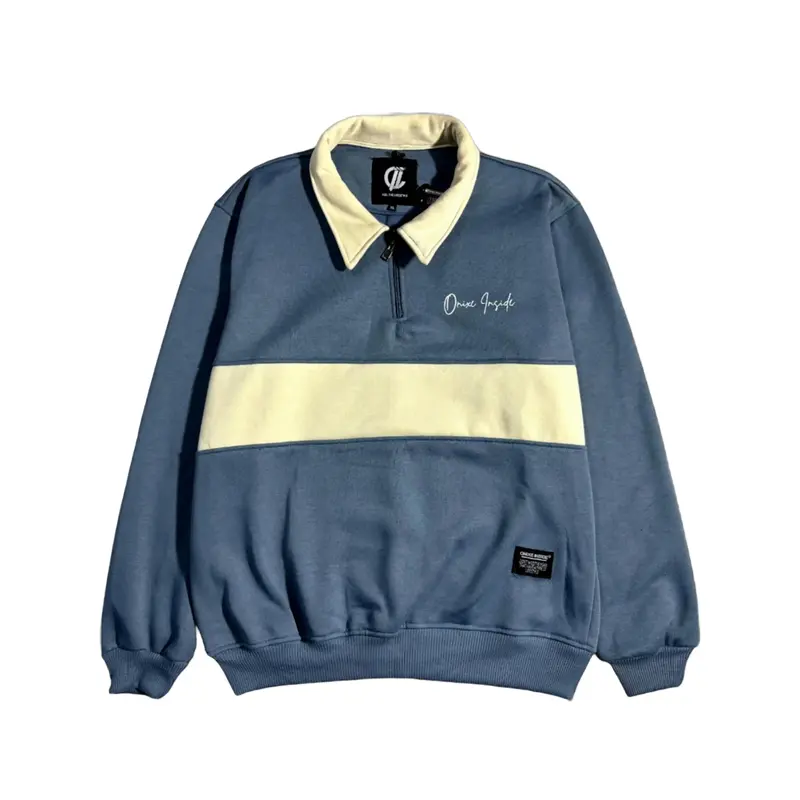 Jaket Rugby Half Zip Unisex Casual Sweater Kombinasi Pria Wanita Fleece Keren Crewneck Panjang Stiker Tebal Distro Cowok 1