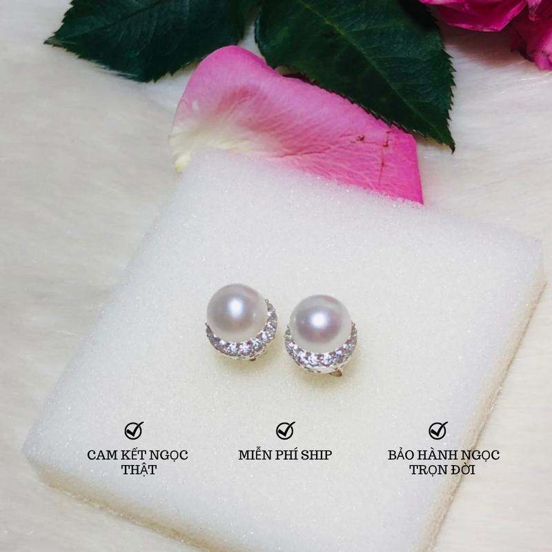 Bông tai ngọc Bán cầu 8-9li màu Trắng Kiểu một dòng xoàn 4