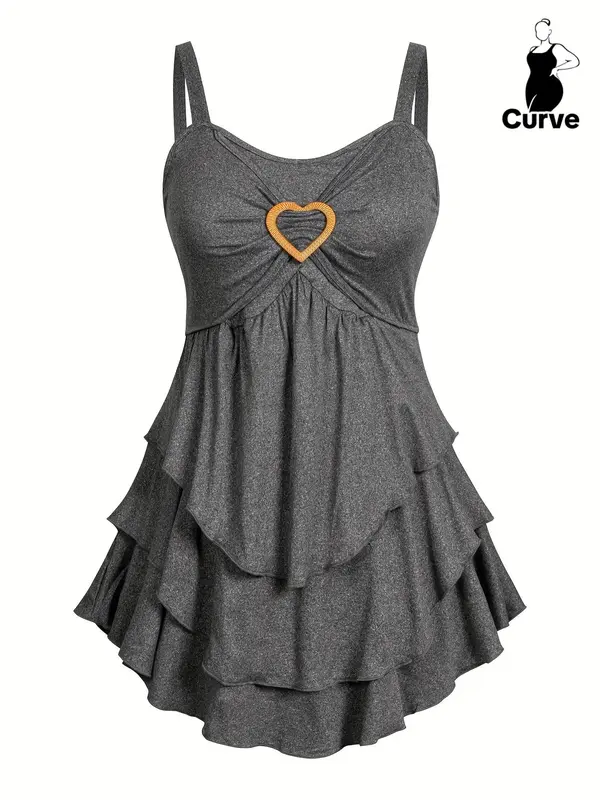 【Plus Size】 Heart Decor Tiered Layer Tank Top, Casual Sleeveless Ruched Top, Women's Plus Clothing for Summer Daily Wear, Womenswear 4
