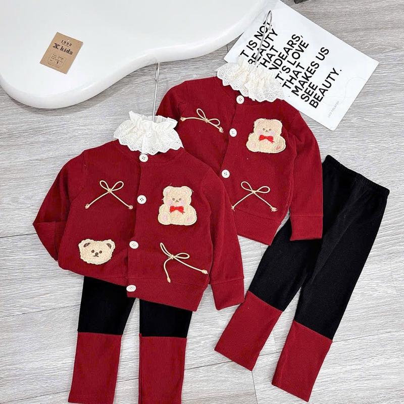 N1- Sét Bộ Đỏ Gấu Len Tăm Cổ Ren Quần Phối Vani Kids Siêu Xinh Noel, Tết Cho Bé Gái 2024