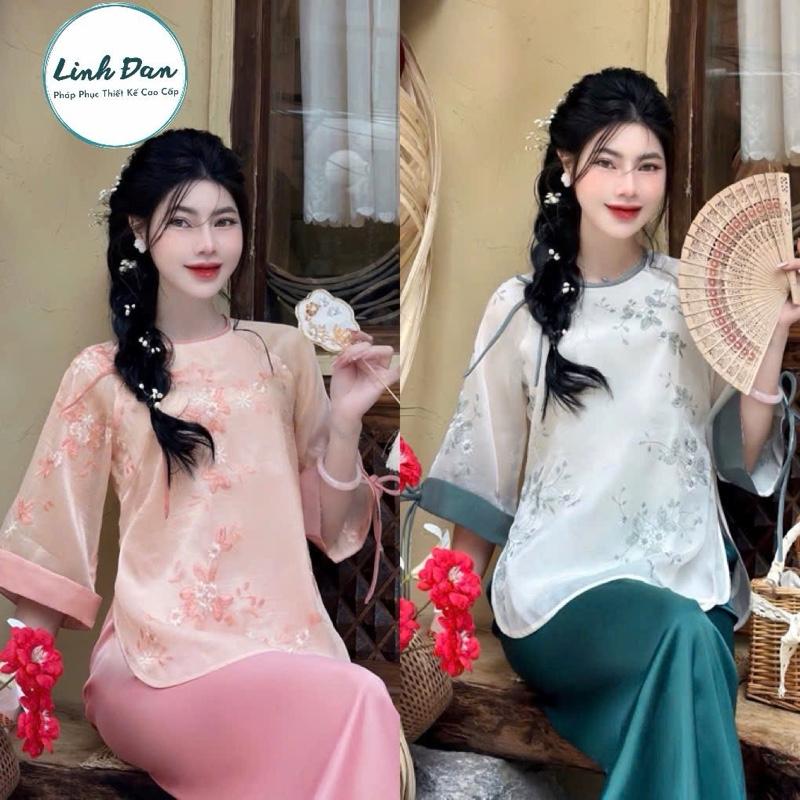 LINH ĐAN Bộ quần áo đi chùa Linh Đan tiểu thư cổ tròn chất liệu voa tơ thêu nổi cao cấp - Voi, Nhung, Size S - Women, Nữ