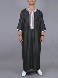 Arabic Clothing- Men's Embroidery Loose Contrast Binding Notched Neck Batwing Sleeve Kaftan, Elegant Modest Loose Fit Three Quarter Length Sleeve Long Kaftan, Muslim Menswear, Modesty Clothing