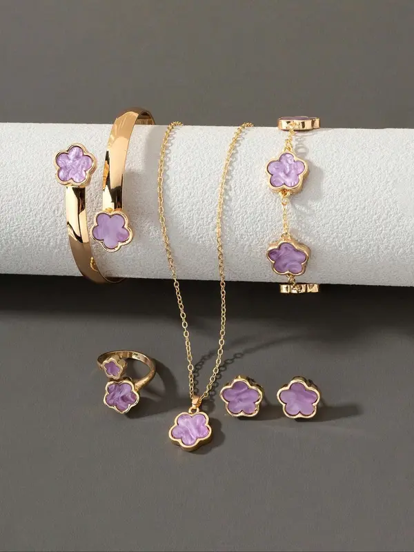 Women's Elegant Flower Design Jewelry Set, Including Pendant Necklace & Bracelets & Ring & Stud Earrings, Fashion Jewelry Set for Party, Daily Decor, Trendy All-match & Exquisite Jewelry for Birthday Gift 4