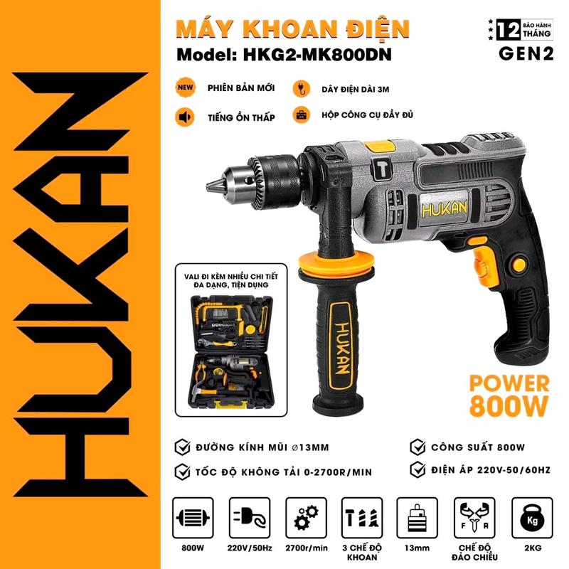 [Chính hãng] Máy khoan điện cầm tay HUKAN HKG2-MK800DN, Dây đồng, Công suất 800W, đầu kẹp 13mm, kèm bộ đồ nghề maykhoan pin
