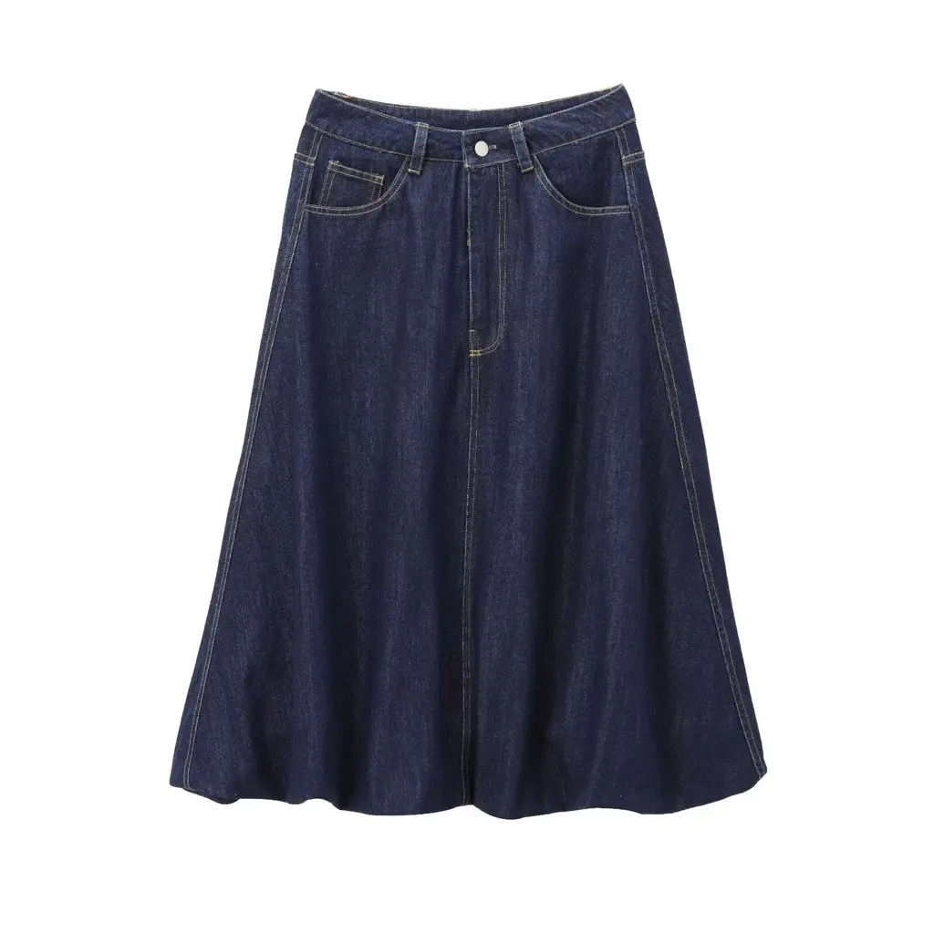 Solid Color Balloon Shaped Denim Mid Length Skirt 8595