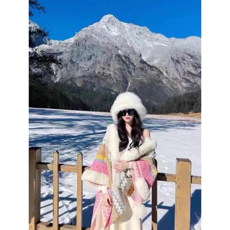 ￼[Mẫu Mới] Áo Choàng Thổ Cẩm Bohemian Viền Lông Thời Trang Nữ Thổ Cẩm Mã 2024 Kèm Ảnh Thật