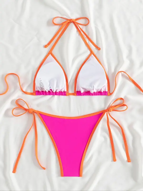 Two-Piece Set Women's Contrast Binding Tie Back Bikinis Set, Colorblock Halter Neck Triangle Swim Bra & Tie Side Swim Bottom, Ladies Summer Swimwear for Beach Holiday Vacation 2
