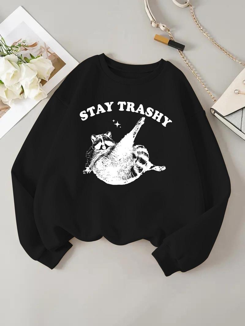 Product Introduction of Women's Raccoon & Letter Print Drop Shoulder Sweatshirt, Casual Long Sleeve Round Neck Pullover for Daily Wear, Ladies Clothes for All Seasons 3