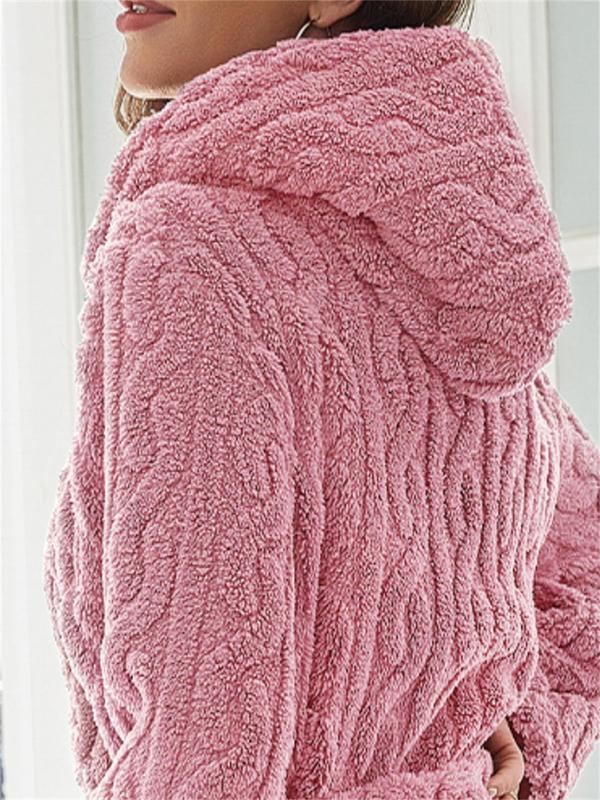 Women's Solid Textured Pocket Belted Hooded Robe, Casual Long Sleeve Warm Robe for Fall & Winter, Women's Sleepwear for Indoor Wear 6