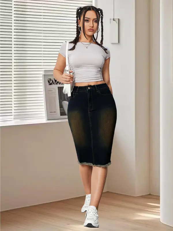 Women's Denim Skirt, Fashion Casual Knee Length Skirt for Daily Outdoor Wear, Ladies Bottoms for Summer 2