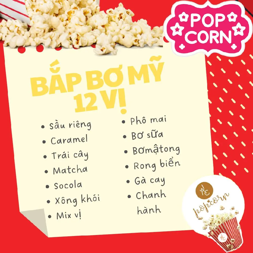 Bắp rang bơ thơm ngon,đậm vị.Được mix 12 vị khác nhau,tạo nên sự lôi cuốn khác biệt so với thị trường.