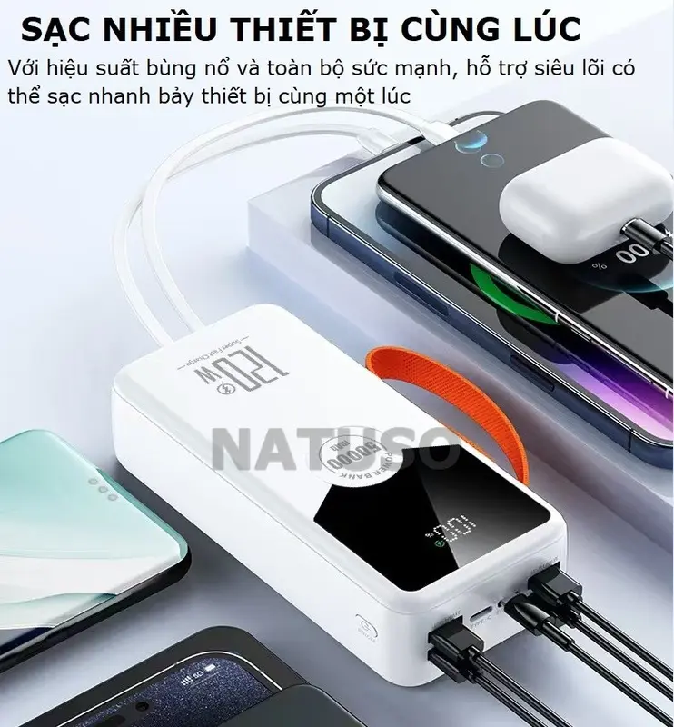 [Tặng sạc 3 đầu] Pin sạc dự phòng NT30 dung lượng lớn 30000mAh sạc nhanh 22,5W tích hợp dây sạc 4