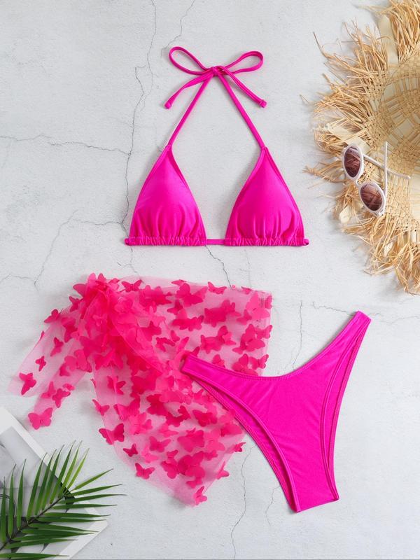 Women's Butterfly Appliques Sheer Bikinis for Summer, Swimsuit Sets, Bathing Suits 2024 for Women Summer, Halter Triangle Swim Bra & High Cut Swim Panty & Knot Side Cover Up Skirt, Summer Tummy Control Swimwear for Beach Holiday 2