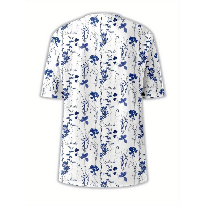 Women's Elegant Floral Print Short Sleeve T-Shirt - Summer Casual Round Neck Top with Blue Floral All-Over Print, Medium Stretch Regular Fit H-Line Tee, Machine Washable, Soft Texture Shirt 1