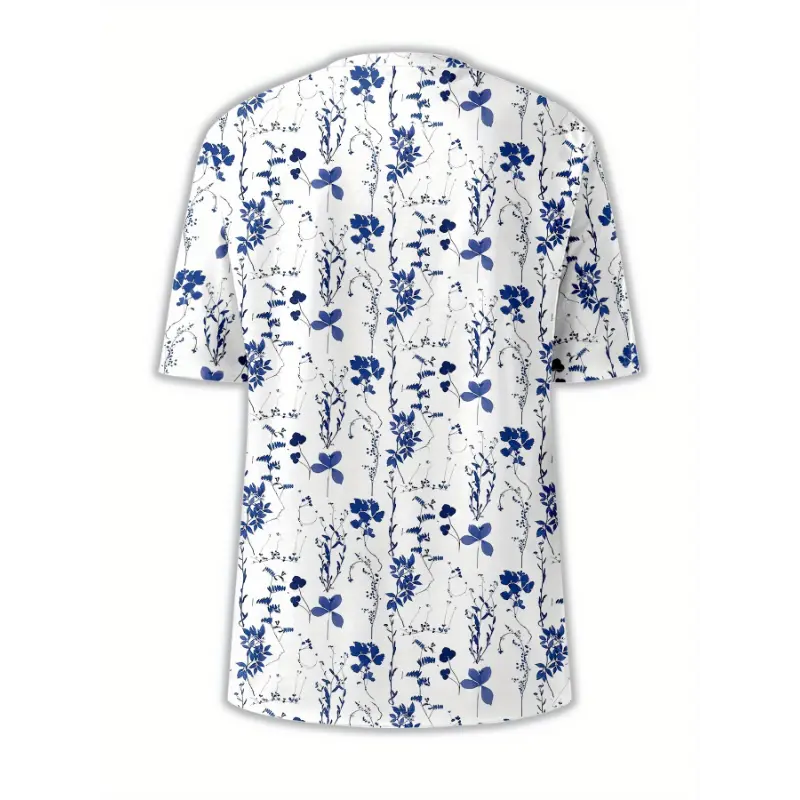 Women's Elegant Floral Print Short Sleeve T-Shirt - Summer Casual Round Neck Top with Blue Floral All-Over Print, Medium Stretch Regular Fit H-Line Tee, Machine Washable, Soft Texture Shirt 1