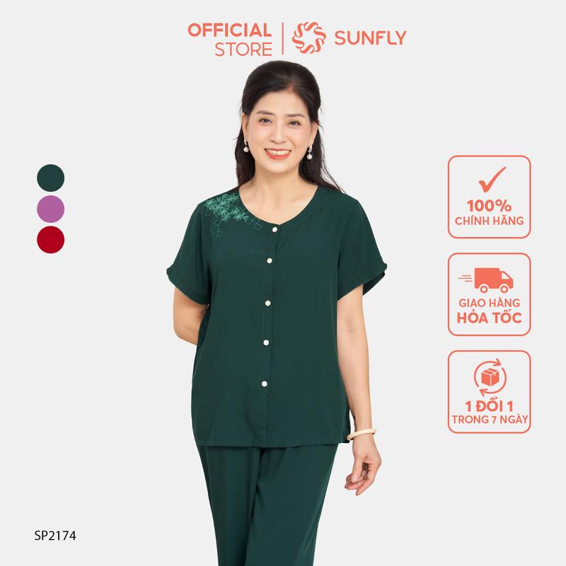 Bộ Lanh Mặc Nhà SUNFLY Áo Cộc Quần Dài SP2174 1