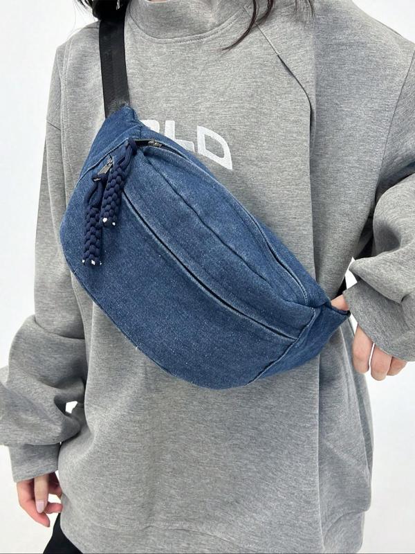 Women's Solid Color Denim Fanny Pack, Fashionable Large Capacity Sling Bag for Daily Used, Casual Trendy Versatile High-quality Daily Commuting Bag 0