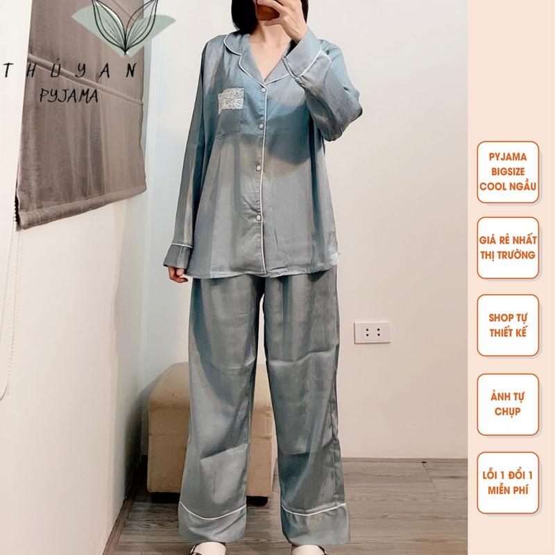 Bộ Pijama Bigsize tay dài lụa xước vân gỗ màu xanh ghi ngọc mặc nhà giá rẻ dành cho nữ, mẹ bầu từ 60kg - 90kg.