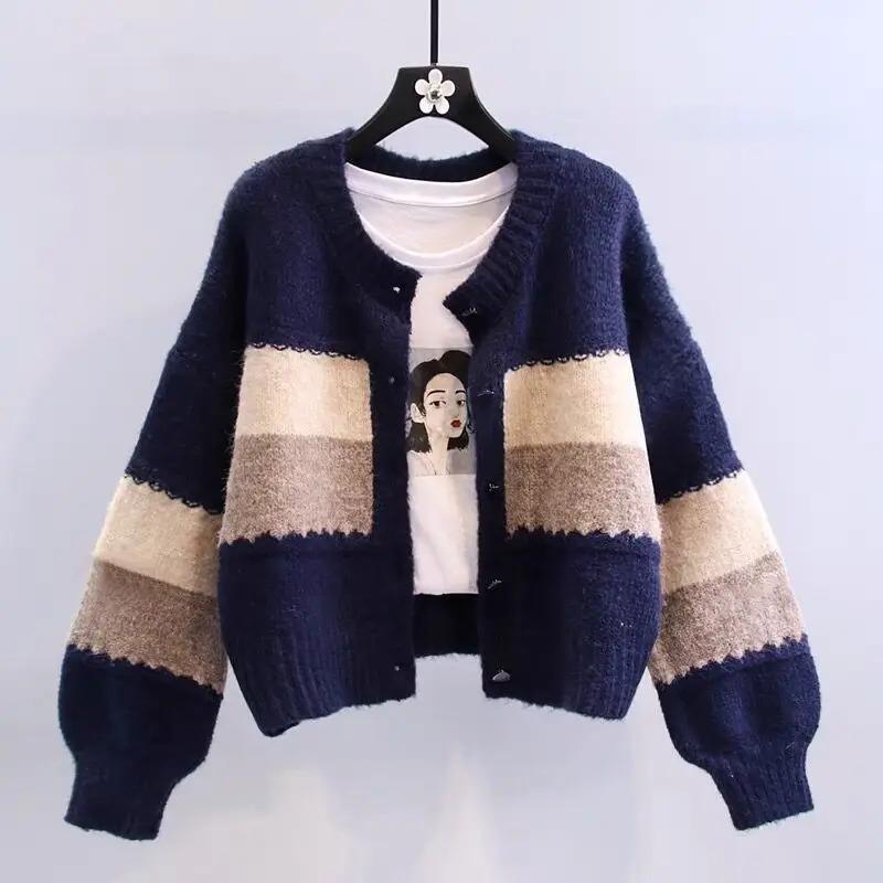 Product Introduction of Multicolor striped lantern sleeve knit loose single breasted women's cardigan sweater coat for women clothing Autumn Winter Knitwear Womenswear 20