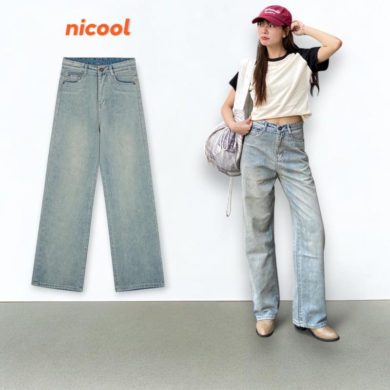 Quần Jean Nữ Ống Suông Màu Xanh Bạc Wash nhẹ Nicool N41-Q47 Women Ong