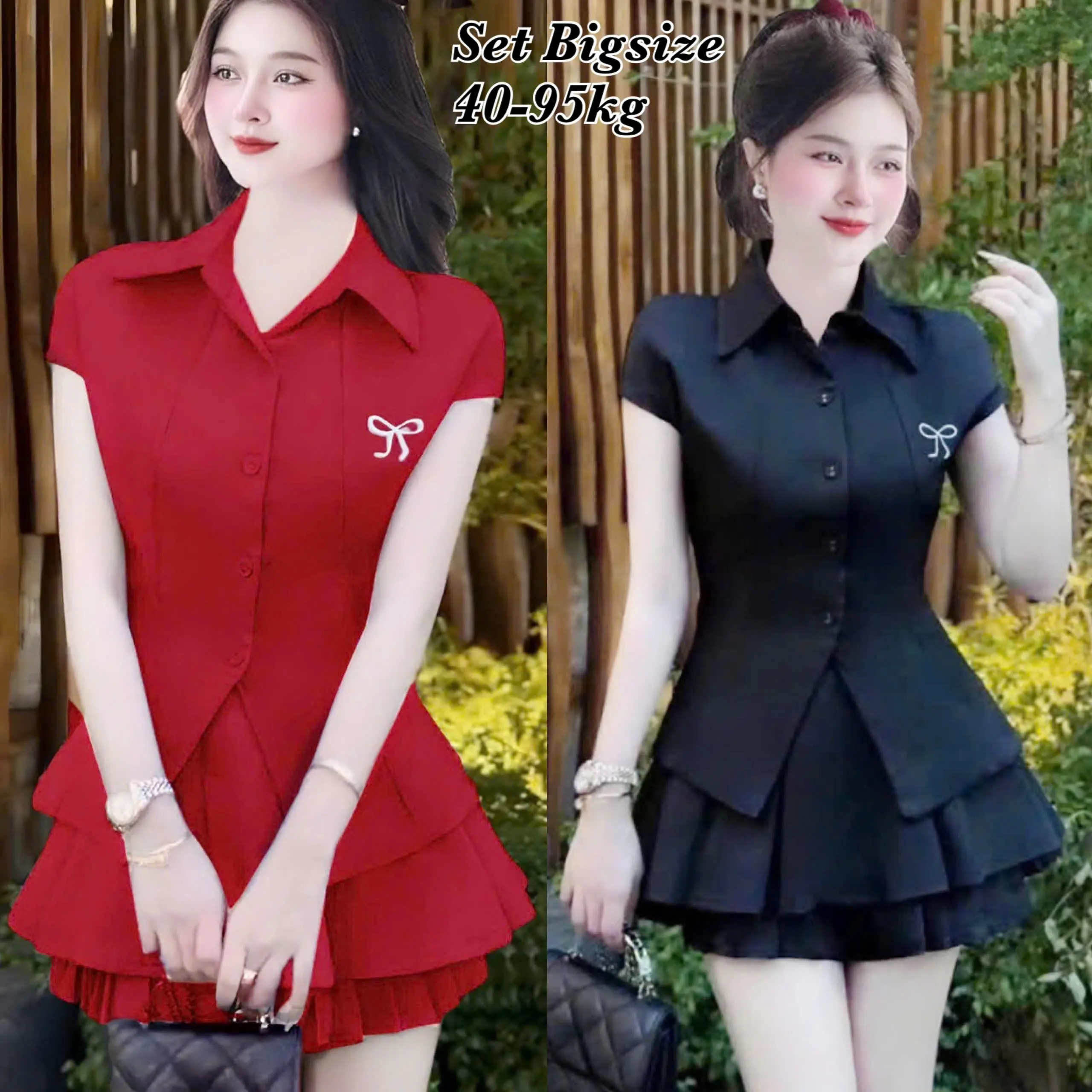 Set Bộ Bigsize Váy Nữ Xếp Ly Mix Áo Sơ Mi Thêu Nơ Vải Lụa Chéo Hàn Xinh Đẹp Đón Tết Đón Noel Xinh Đẹp Thanh Lịch Giá Rẻ 40-95kg